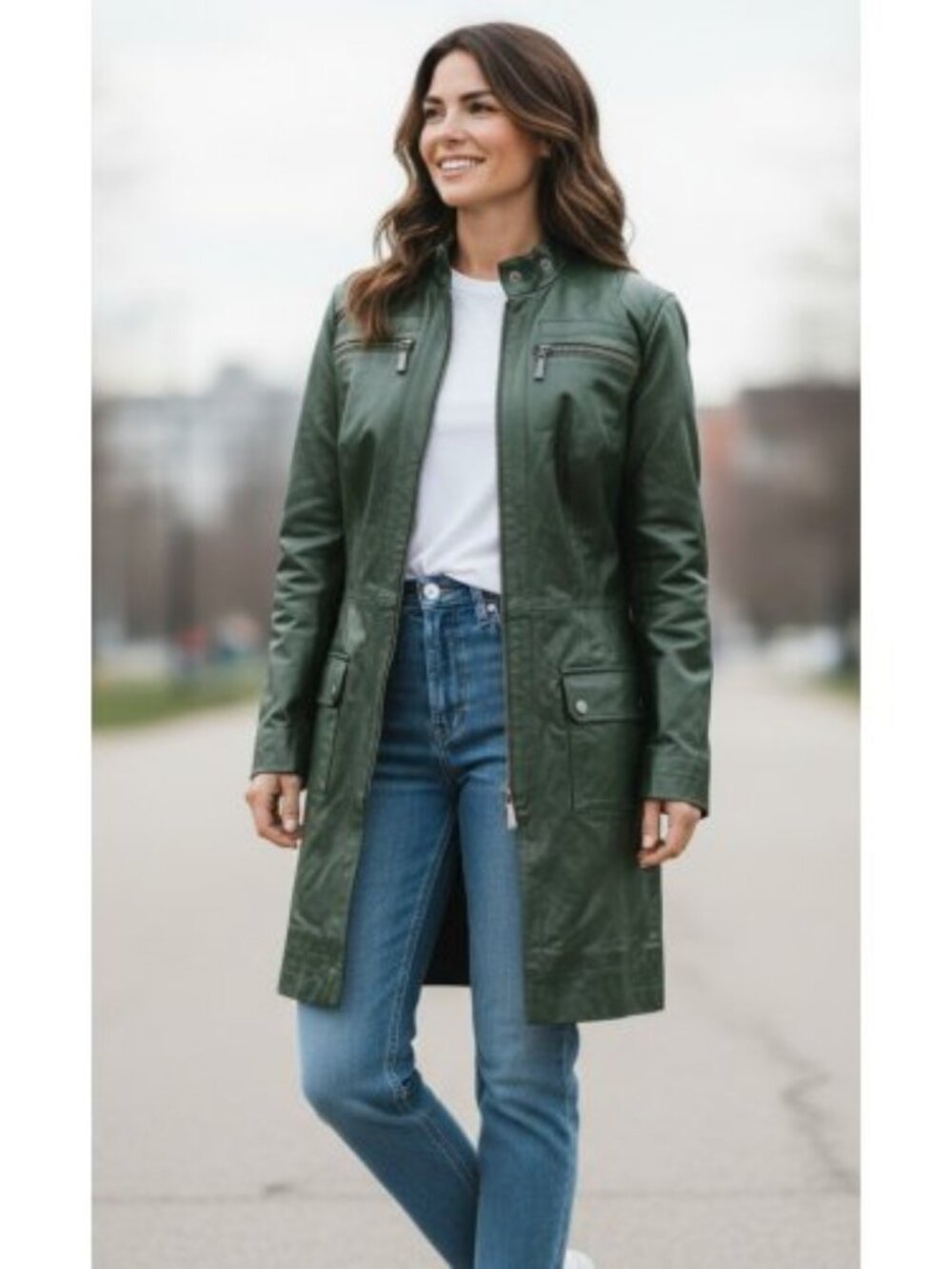 JESSICA LONDON Green Zip Front Leather Coat Ladies Size 14 with Leather Gloves